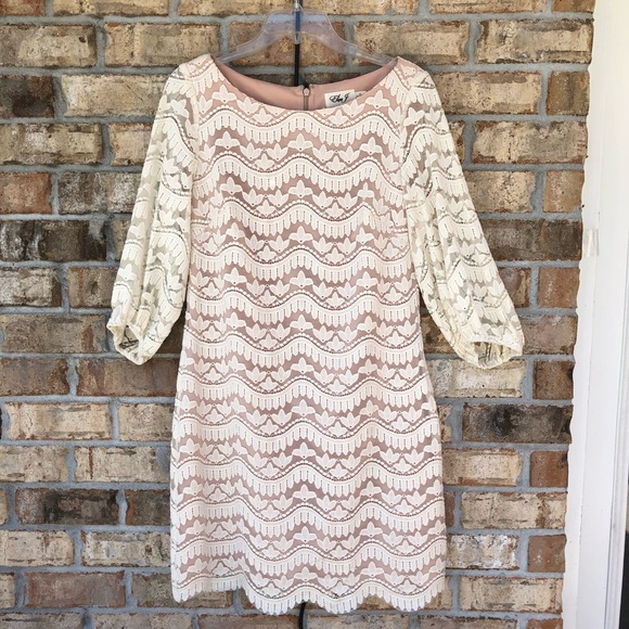 Eliza J Cotton Blend Puff 3/4 Sleeves Ivory Lace Nude Line Back Zipper Dress 10 - Picture 2 of 16